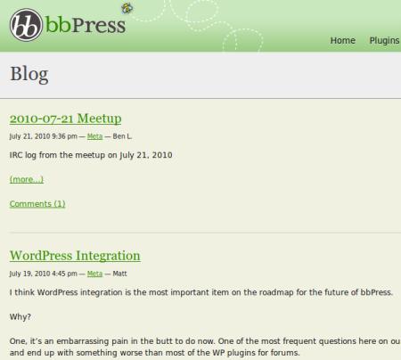 Screenshot vom Blog der bbPress-Entwickler